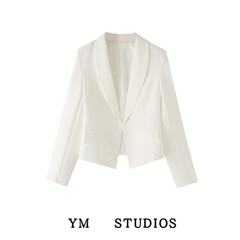 【包邮】白色短款挂钩开衫女士西装极简风收腰气质夏季职业装外套