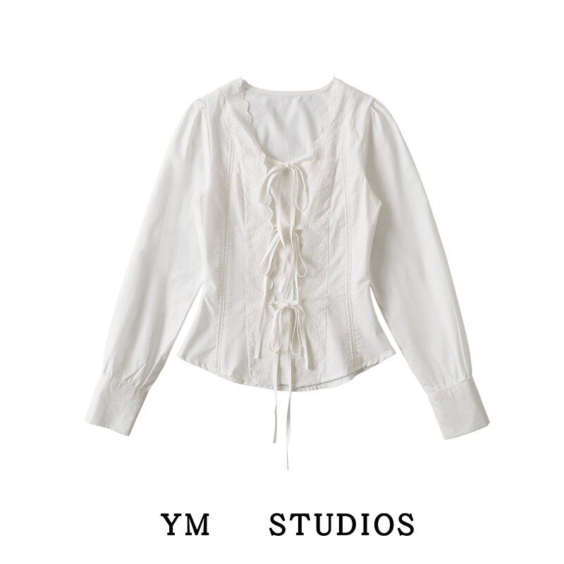 【包邮】美式甜美花边前襟绑带长袖衬衣收腰纯欲风小个子修身衬衫