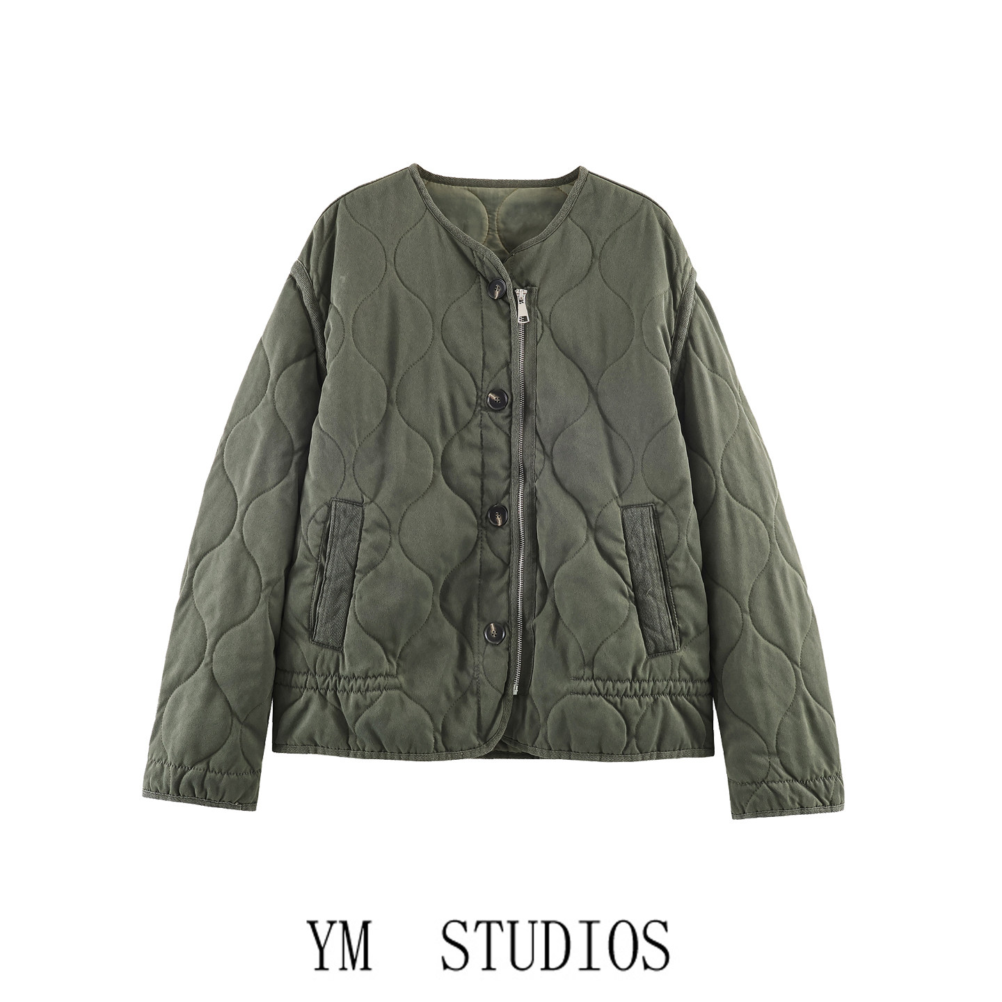 菱格纹轻薄款军绿色棉服女