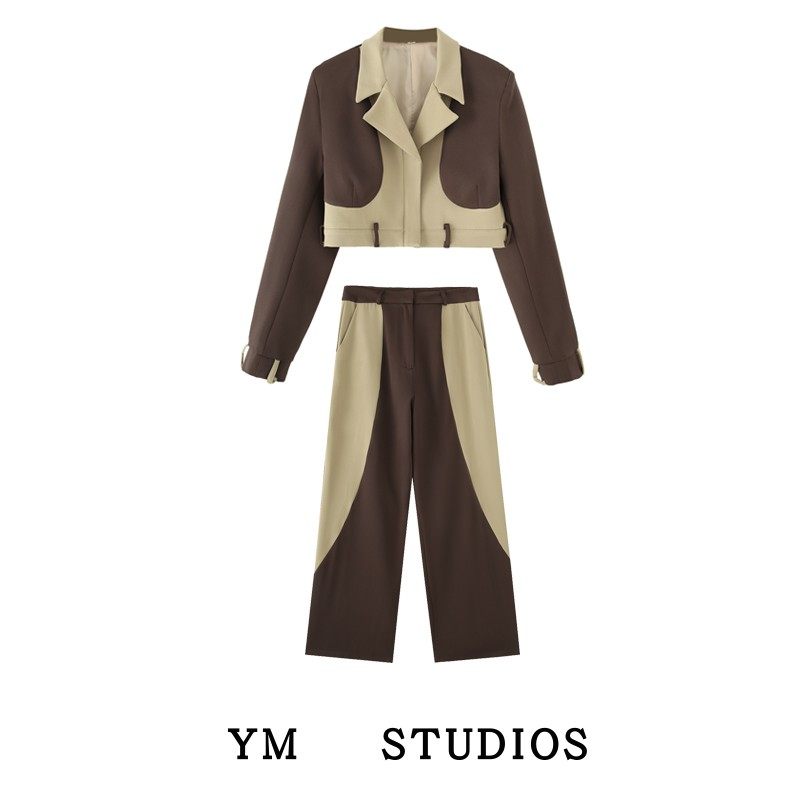 【包邮】老钱风复古撞色拼接潮酷工装西装外套女高腰阔腿裤套装潮