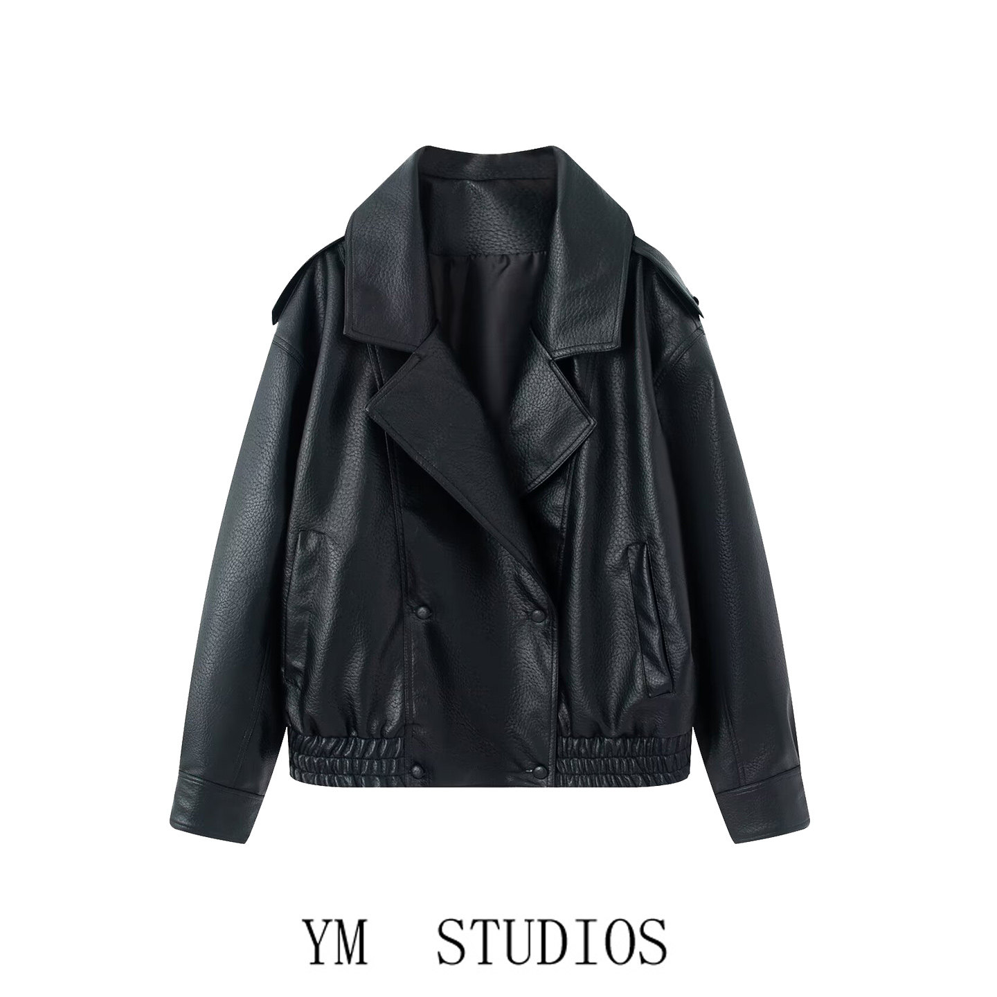 欧美女装复古机车风黑色荔枝纹PU皮短款皮衣酷飒宽松夹克外套