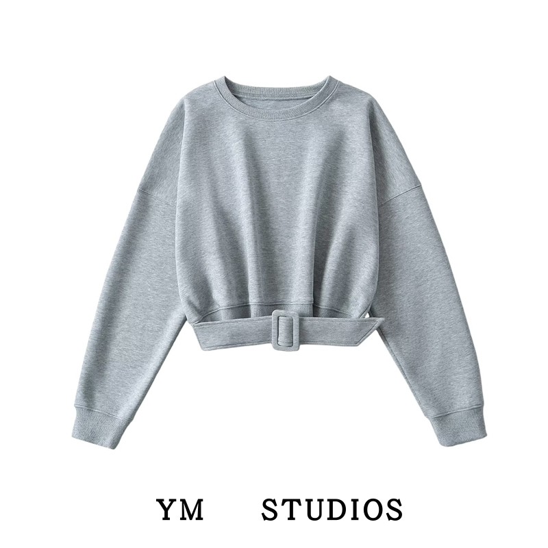 【包邮】收腰时装腰带扣宽松套头卫衣女辣妹短款设计感宽松小上衣