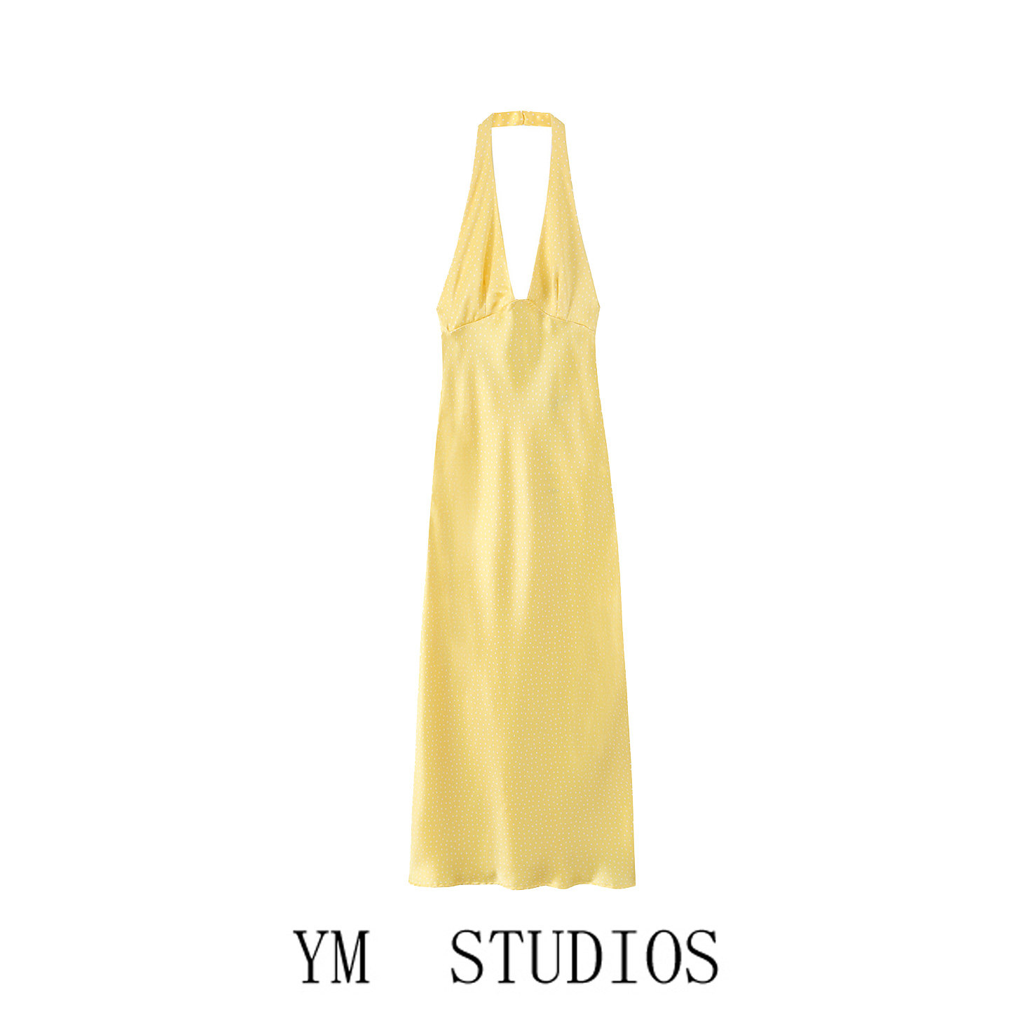 欧美法式黄色波点挂脖露背连衣裙