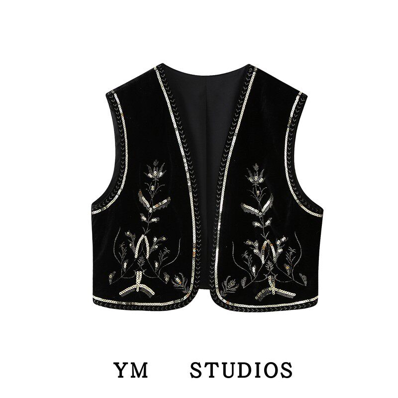 【包邮】复古风黑色天鹅绒刺绣珠片马甲四季款无袖开衫短款背心女