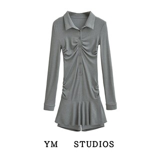 【包邮】芭蕾风收腰褶皱美式运动式短裙半开襟长袖连衣裙短裤套装