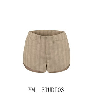 欧美女装   老钱风麻感低腰条纹短裤女卡其色显腿长休闲裤热裤潮