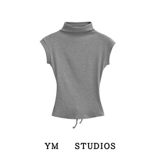 【包邮】纯欲风后背露腰绑带半高领T恤女夏日纯色短袖掐腰上衣潮