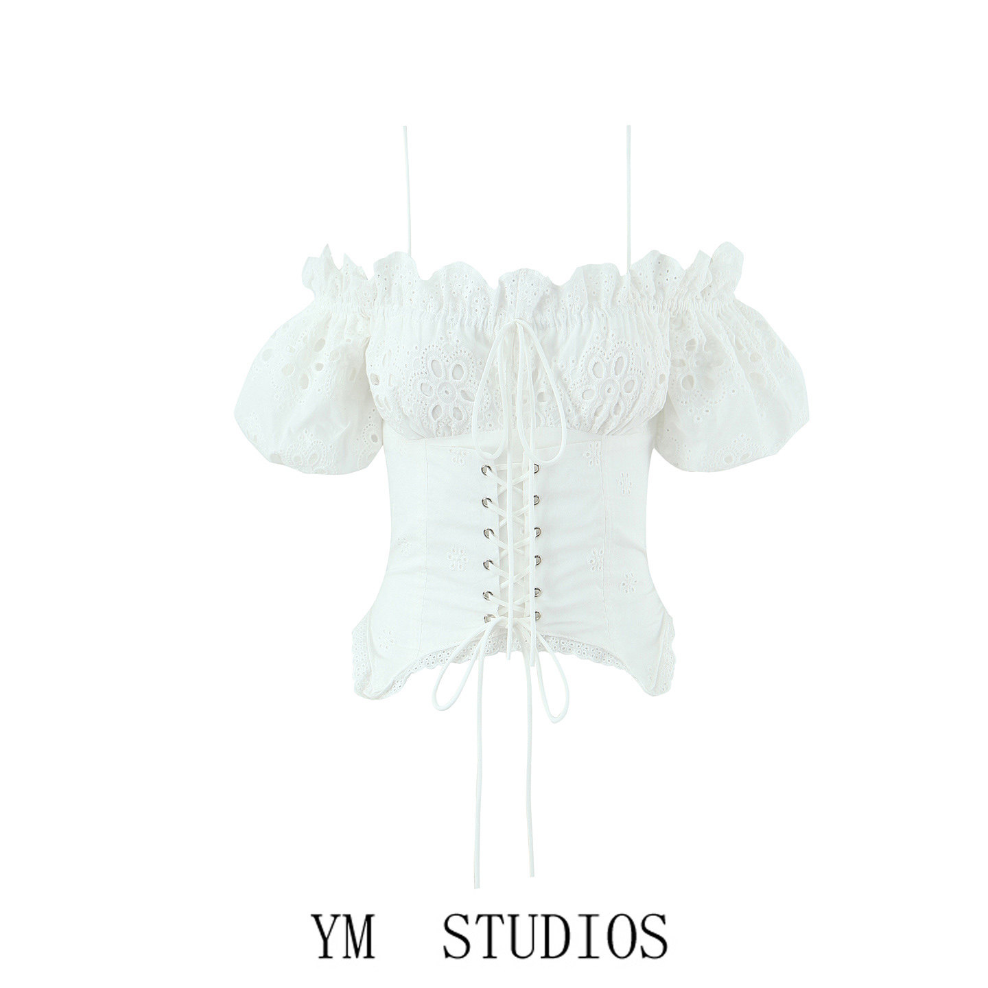 欧美女装   法式甜美风白色花边灯笼袖刺绣收腰吊带衬衫束腰上衣