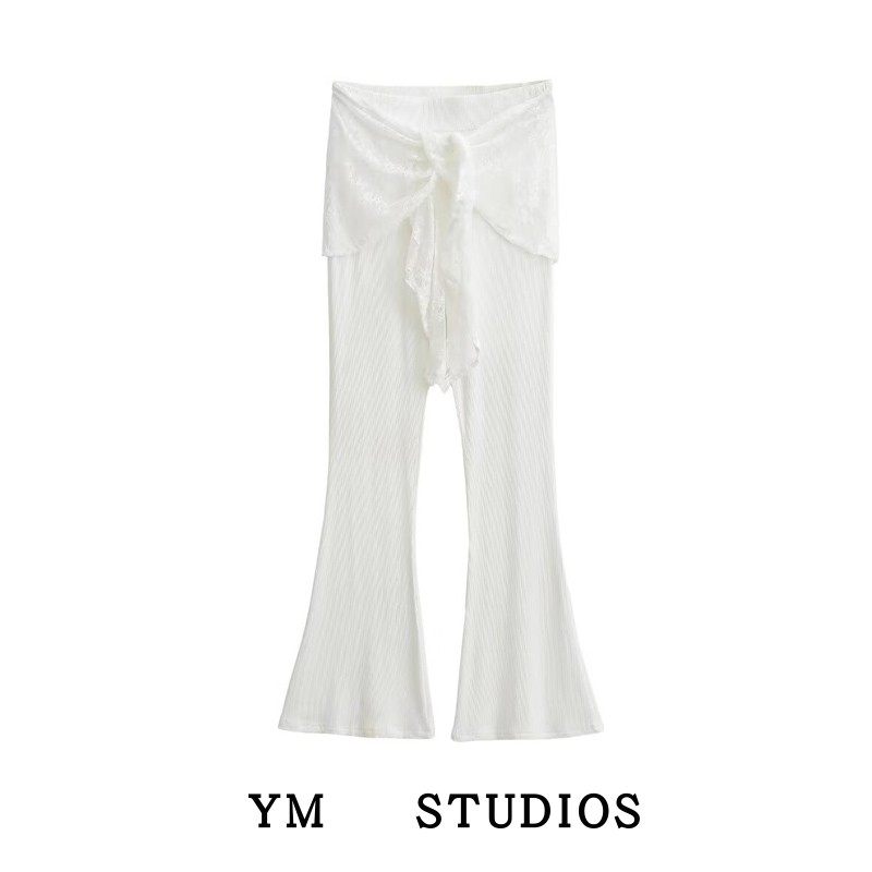 设计感假两件蕾丝拼接喇叭裤