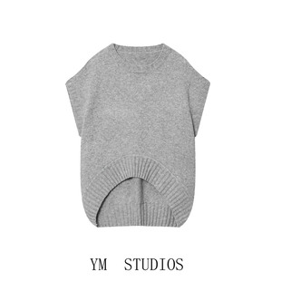 圆领弧形下摆针织背心宽松套头毛衣 灰色无袖 欧美女装 欧美风大版