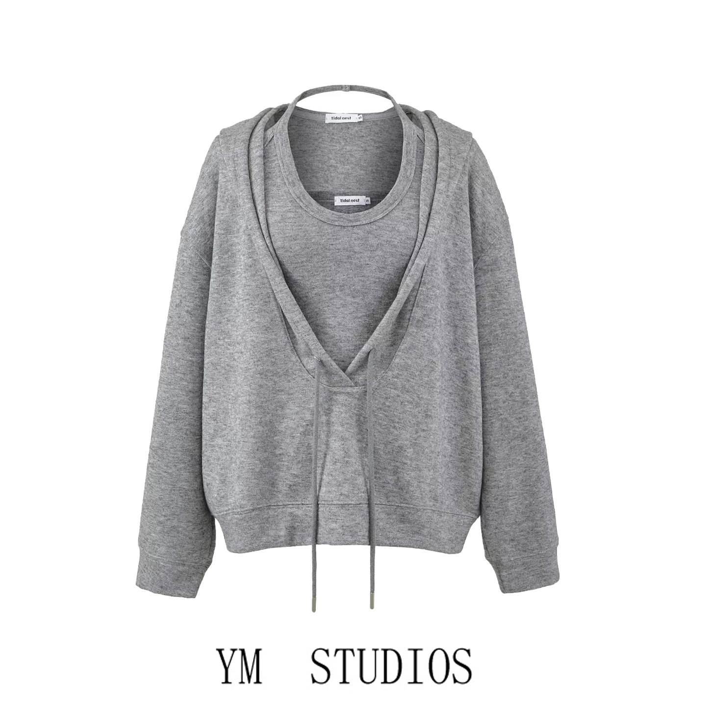 欧美女装   慵懒风连帽宽松深V领套头卫衣女+挂脖内搭背心套装潮