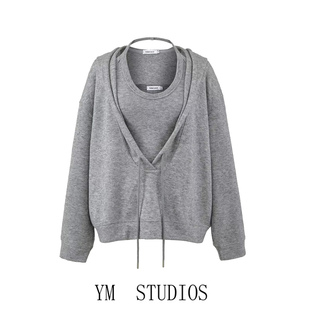 欧美女装   慵懒风连帽宽松深V领套头卫衣女+挂脖内搭背心套装潮