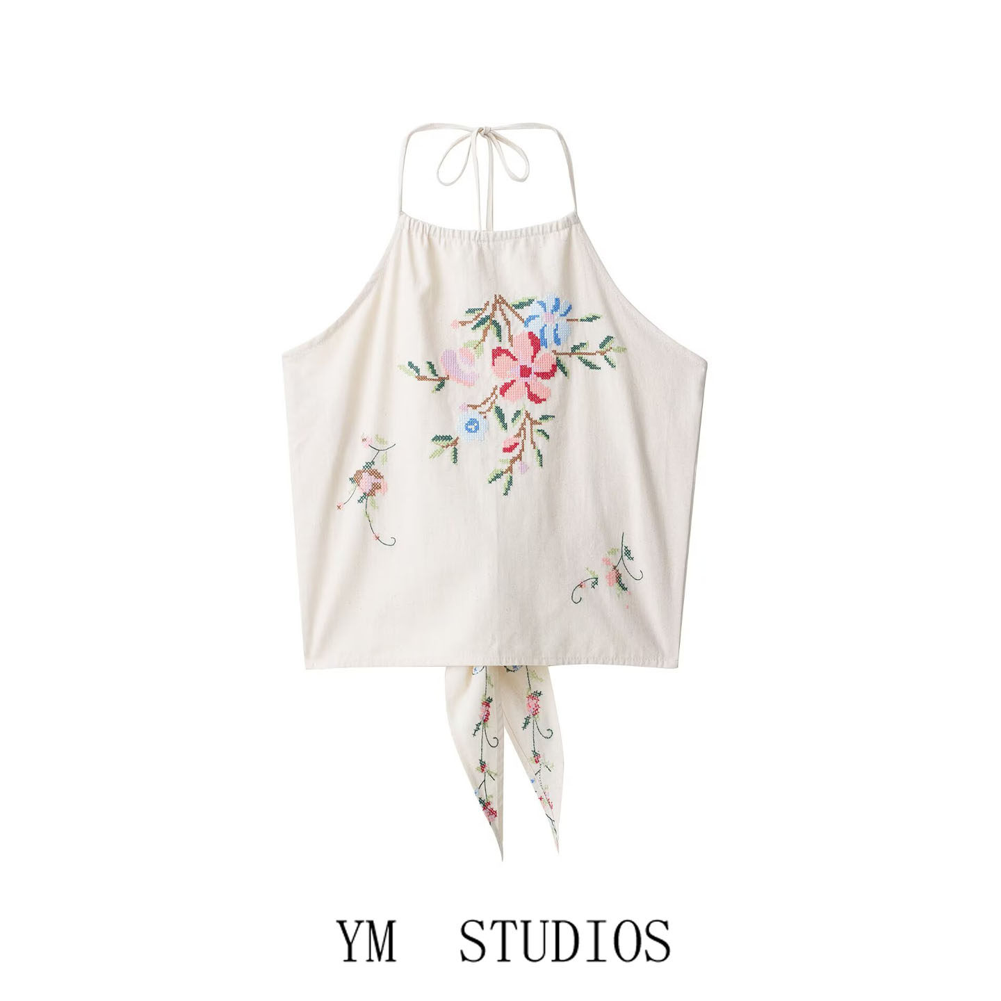 欧美女装  海边沙滩风挂脖领花朵刺绣背心女古典后背绑带外穿吊带