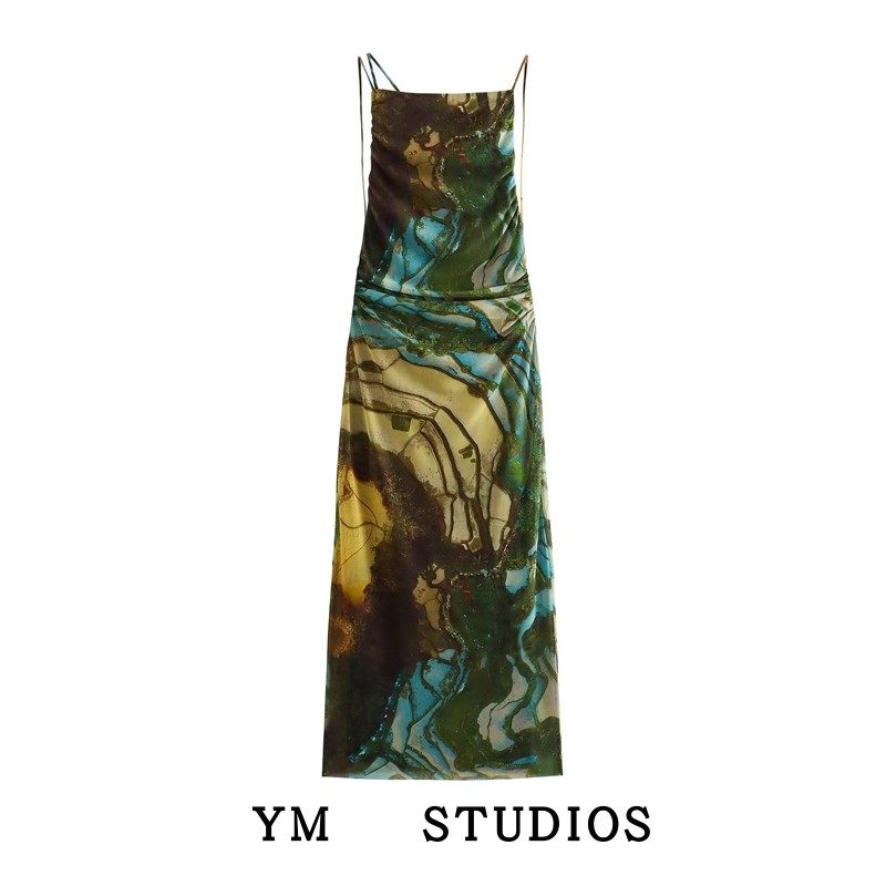 设计款个性女装新款性感绢网热带雨林印花高腰连衣裙露背吊带长裙,女装/女士精品,连衣裙,淘宝优惠券,粉丝福利购,淘宝优惠卷