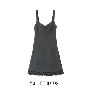 【包邮】法式褶皱木耳边花边拼接V领无袖连衣裙外穿灰色显瘦短裙