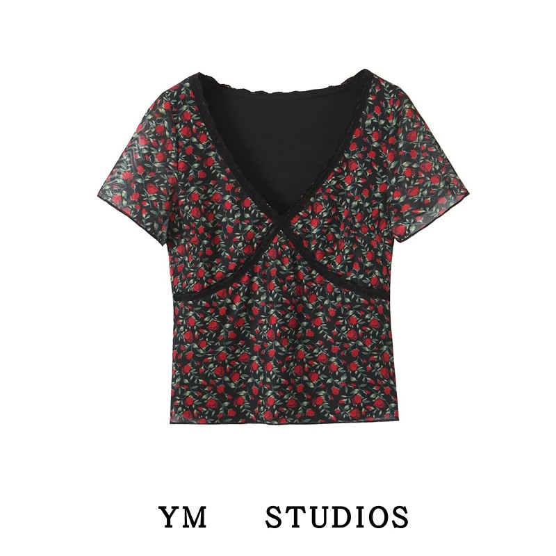 复古V领蕾丝花边玫瑰花印花网纱