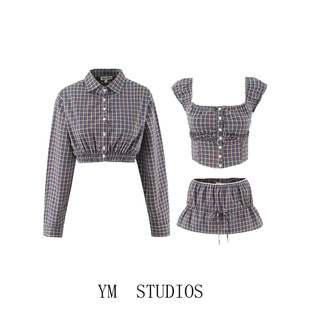 欧美女装   格纹露腰短款衬衫泡泡袖辣妹背心低腰防走光半身裙子