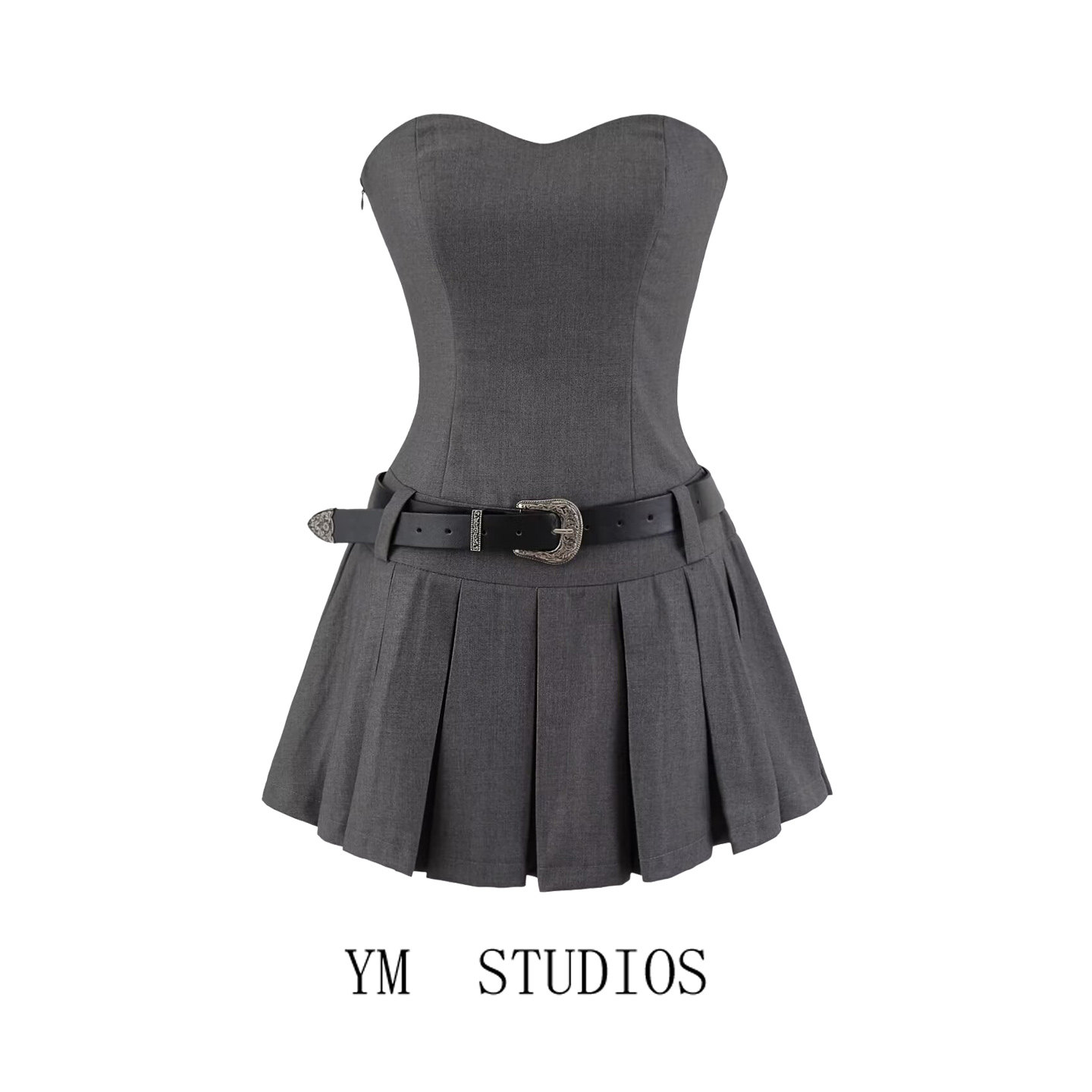 【包邮】美式辣妹灰色抹胸连衣裙收腰带腰带无袖学院风短款百褶裙