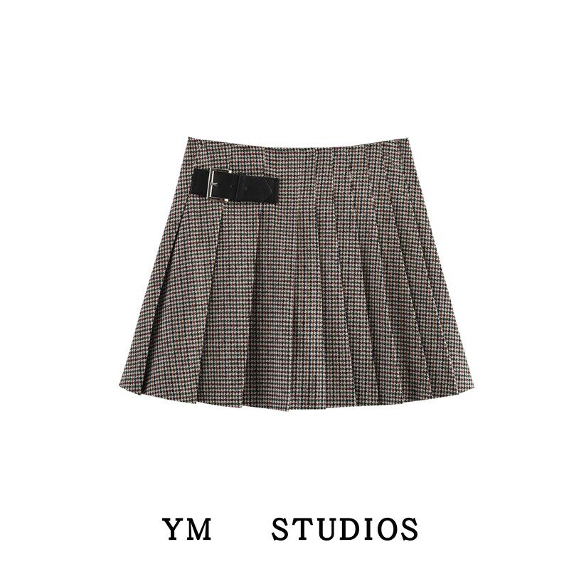 学院风复古千鸟格子半身裙女