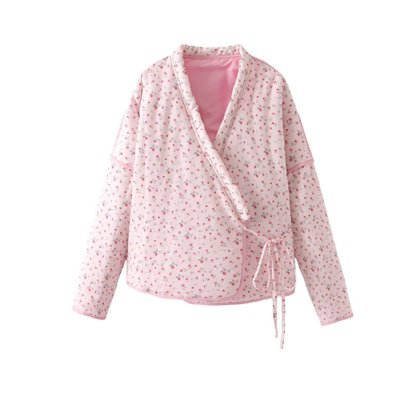 系带裹身碎花棉服系带宽松
