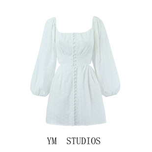 欧美女装 法式宫廷风泡泡袖方领连衣裙镂空露背白色刺绣度假短裙