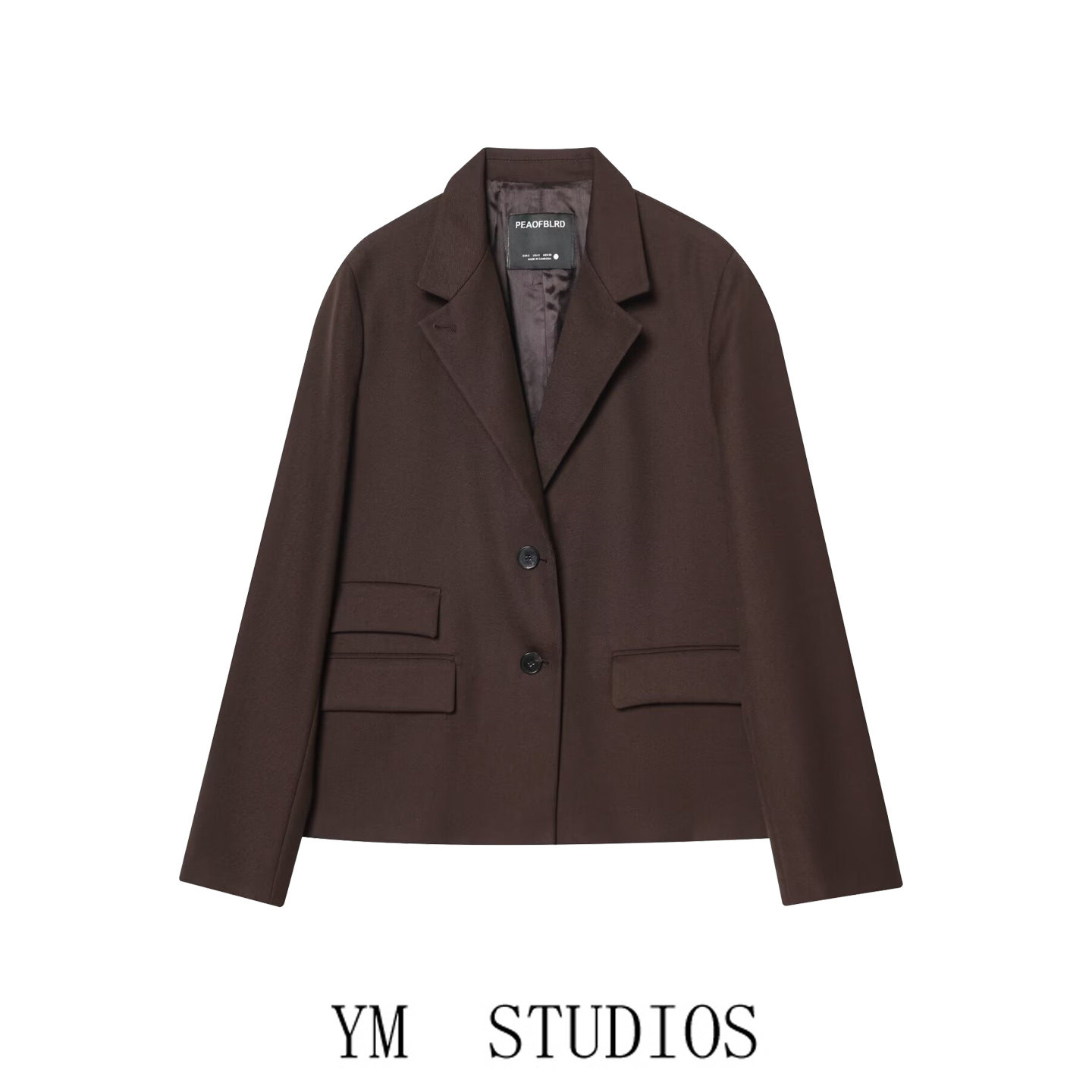 欧美女装老钱风翻领口袋饰棕色西装外套女复古轻熟宽松职业装