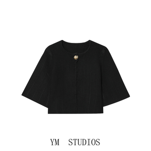 女短款 针织开衫 毛衣洋气外套 轻熟风黑色一粒扣五分袖 欧美女装