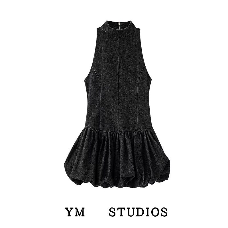 【包邮】法式高级感无袖气球版型牛仔连衣裙立领气质花苞迷你短裙