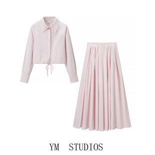 欧美女装   优雅翻领系带短款露腰衬衫上衣+高腰粉色半裙两件套装