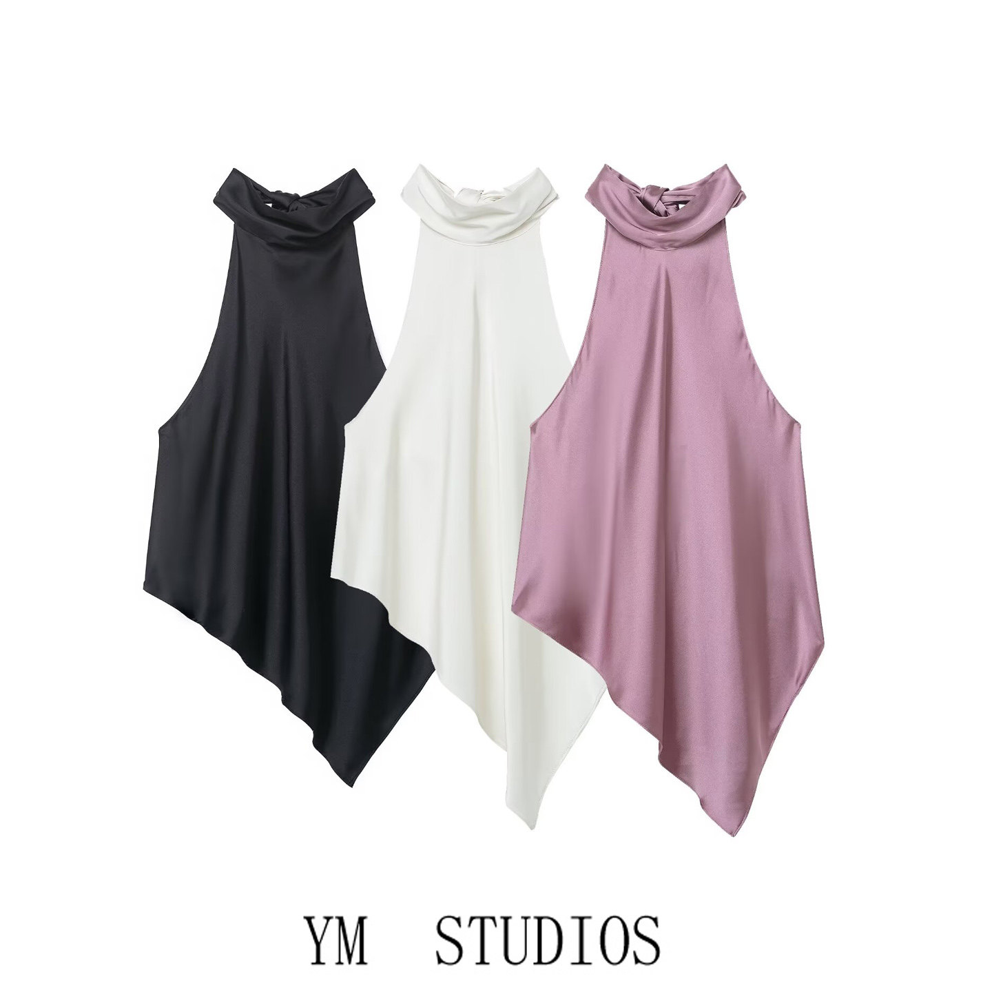 欧美女装   设计感挂脖丝缎质感露背背心女外穿宽松性感沙滩吊带