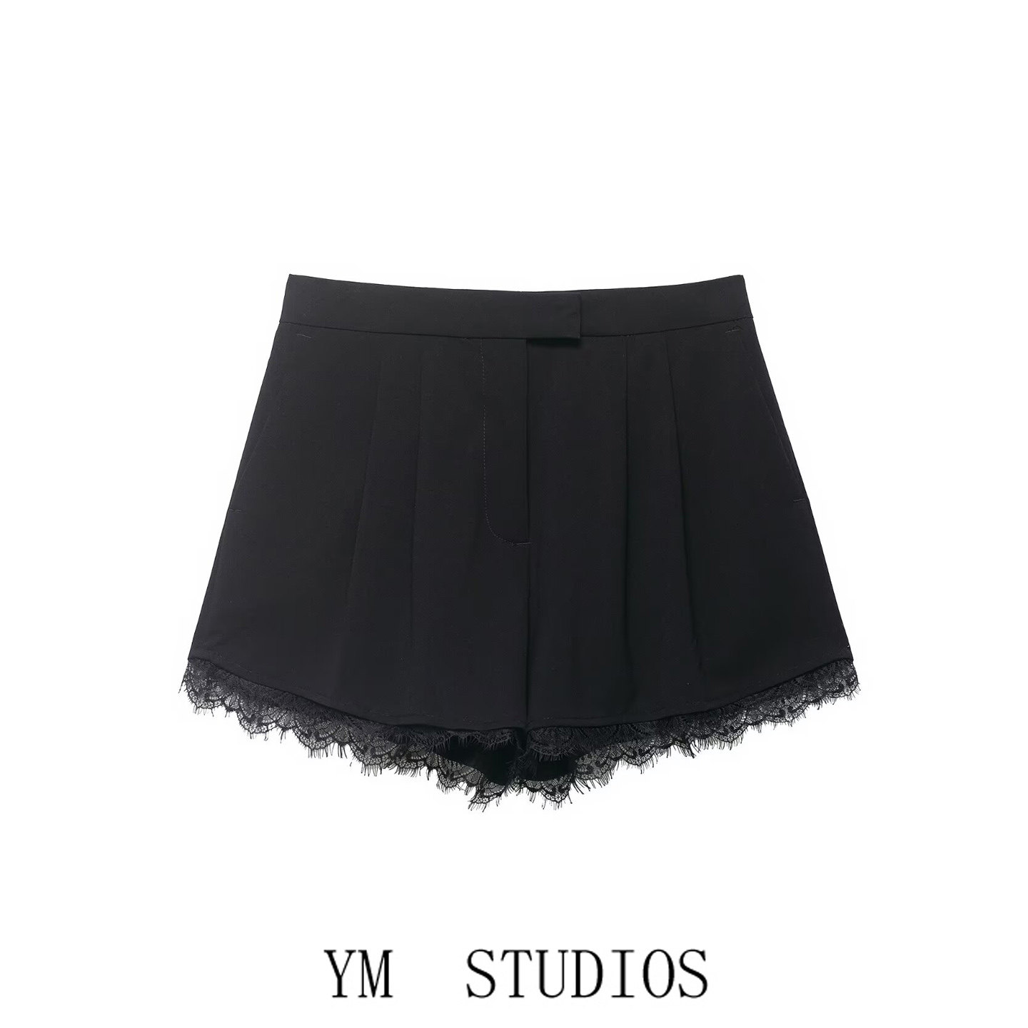 欧美女装   欧美风高腰蕾丝花边拼接短裤女黑色显瘦休闲裤三分裤