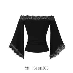 【包邮】纯欲风一字肩蕾丝花边拼接打底衫七分喇叭袖短款舞蹈上衣