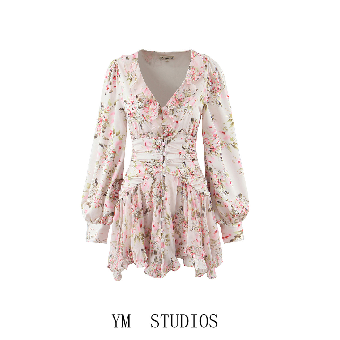 欧美女装   法式度假风碎花V领长袖连衣裙荷叶边褶皱收腰A字短裙