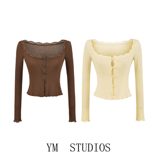 欧美女装   甜辣风方领蕾丝拼接长袖针织开衫女修身收腰短款上衣