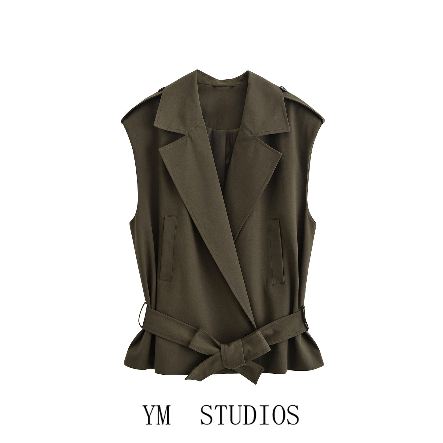 欧美女装   轻熟西装领无袖腰带饰马甲女干练气质职业时尚马夹潮