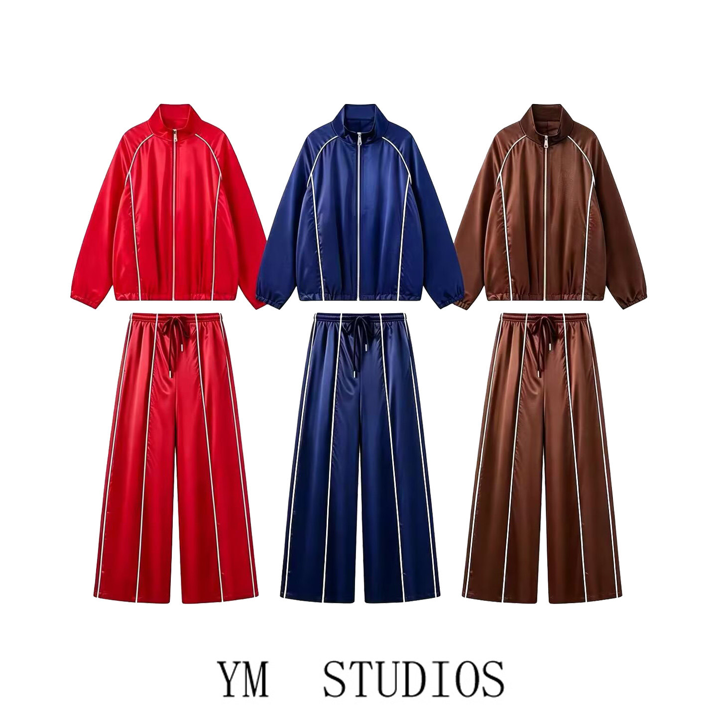 欧美运动亮面校服外套阔腿裤