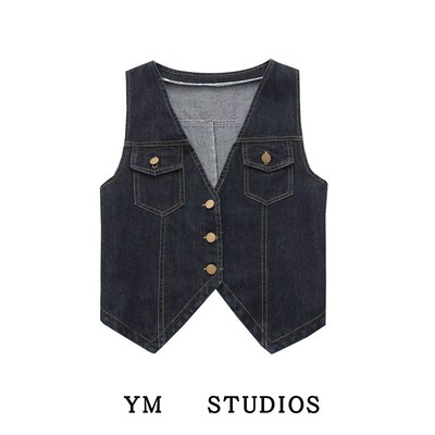 牛仔马甲外套单排扣口袋小背心