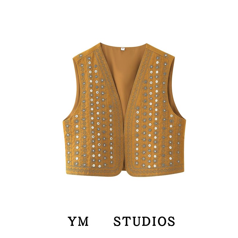 串珠饰亮片刺绣开衫马甲女短款