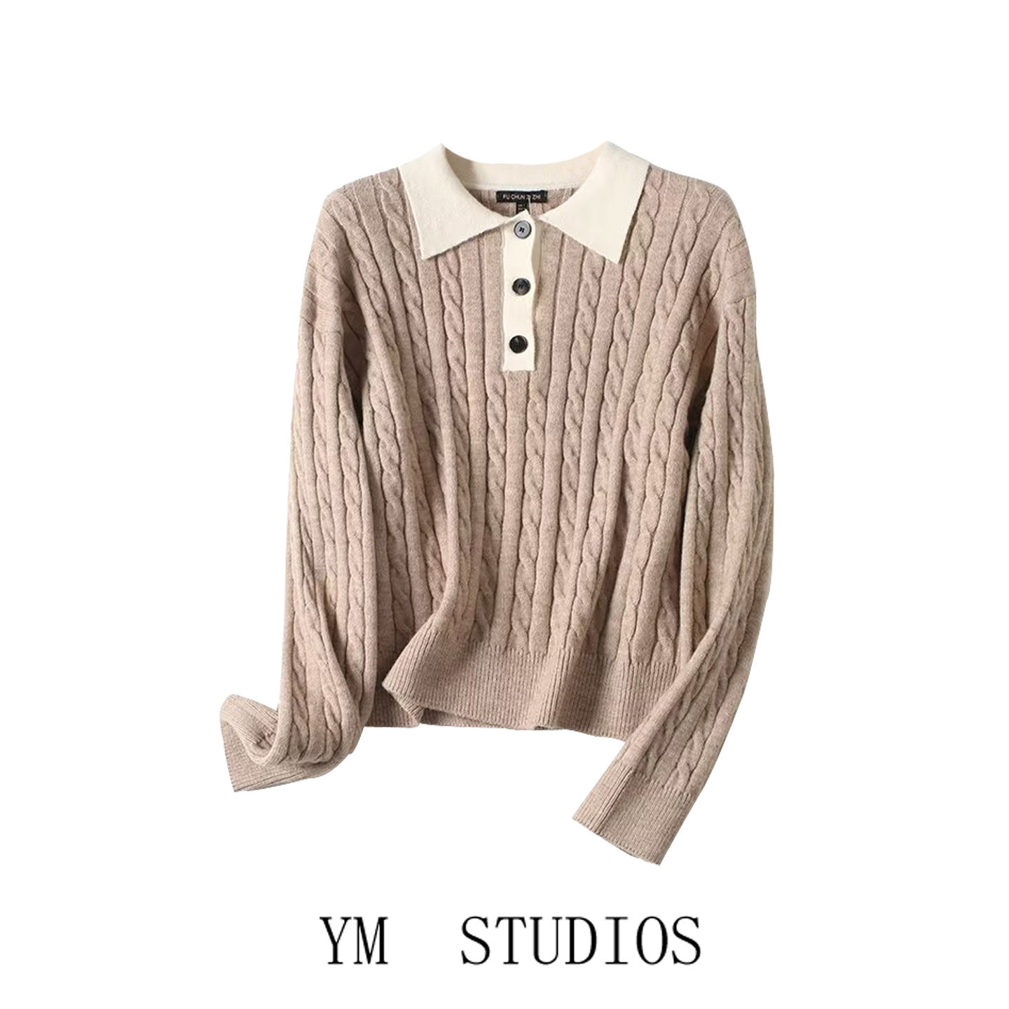 欧美女装   美式学院风POLO领撞色麻花针织衫女翻领套头打底毛衣