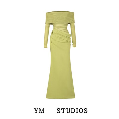 一字肩网纱拼镂空接露腰连衣裙