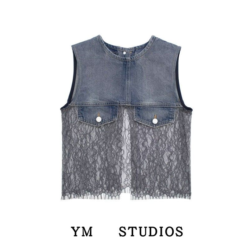 【包邮】美式设计款蕾丝拼接牛仔背心纯欲透视开叉女团上衣舞蹈服