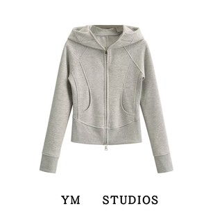 【包邮】美式复古新款女装连帽长袖卫衣绣花加绒短款拉链开衫T恤