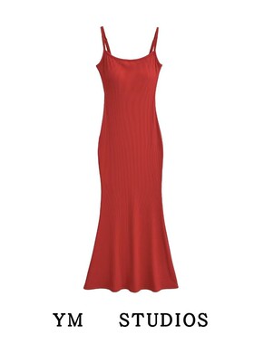 【包邮】INS博主款带胸垫红色吊带连衣裙度假风收腰打底裙鱼尾裙