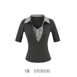 欧美女装  美式辣妹撞色假两件蕾丝拼接POLO领短袖上衣纯欲T恤衫