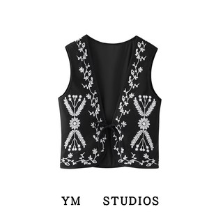 【包邮】复古黑色重工定位刺绣夹棉马甲民族风外搭短款工字坎肩女
