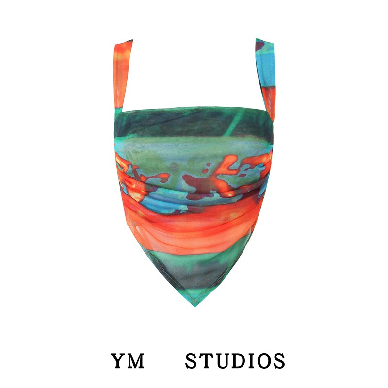 扎染印花后背辣妹背心网纱