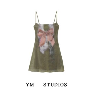 【复古】欧美风复古蝴蝶结晕染定位印花网纱吊带裙小个子连衣裙夏