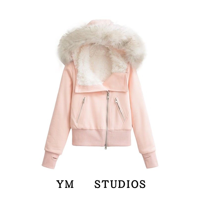 【包邮】辣妹高腰大毛领加厚加绒斜拉链卫衣毛绒内胆短款棉衣外套