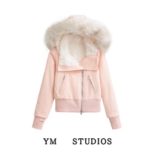 【包邮】辣妹高腰大毛领加厚加绒斜拉链卫衣毛绒内胆短款棉衣外套