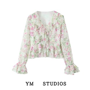 【包邮】浪漫度假风法式碎花荷叶边长袖罩衫仙气拍照雪纺衫打底衫